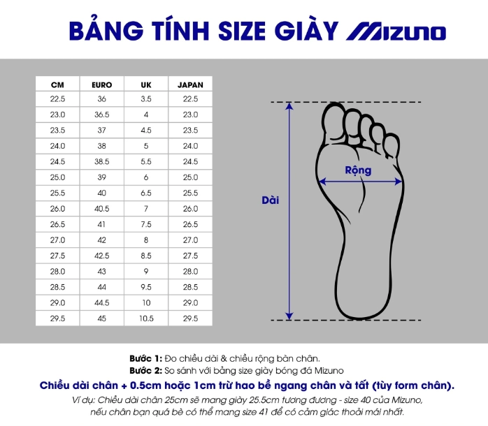 Bảng size Giày Cầu Lông Mizuno